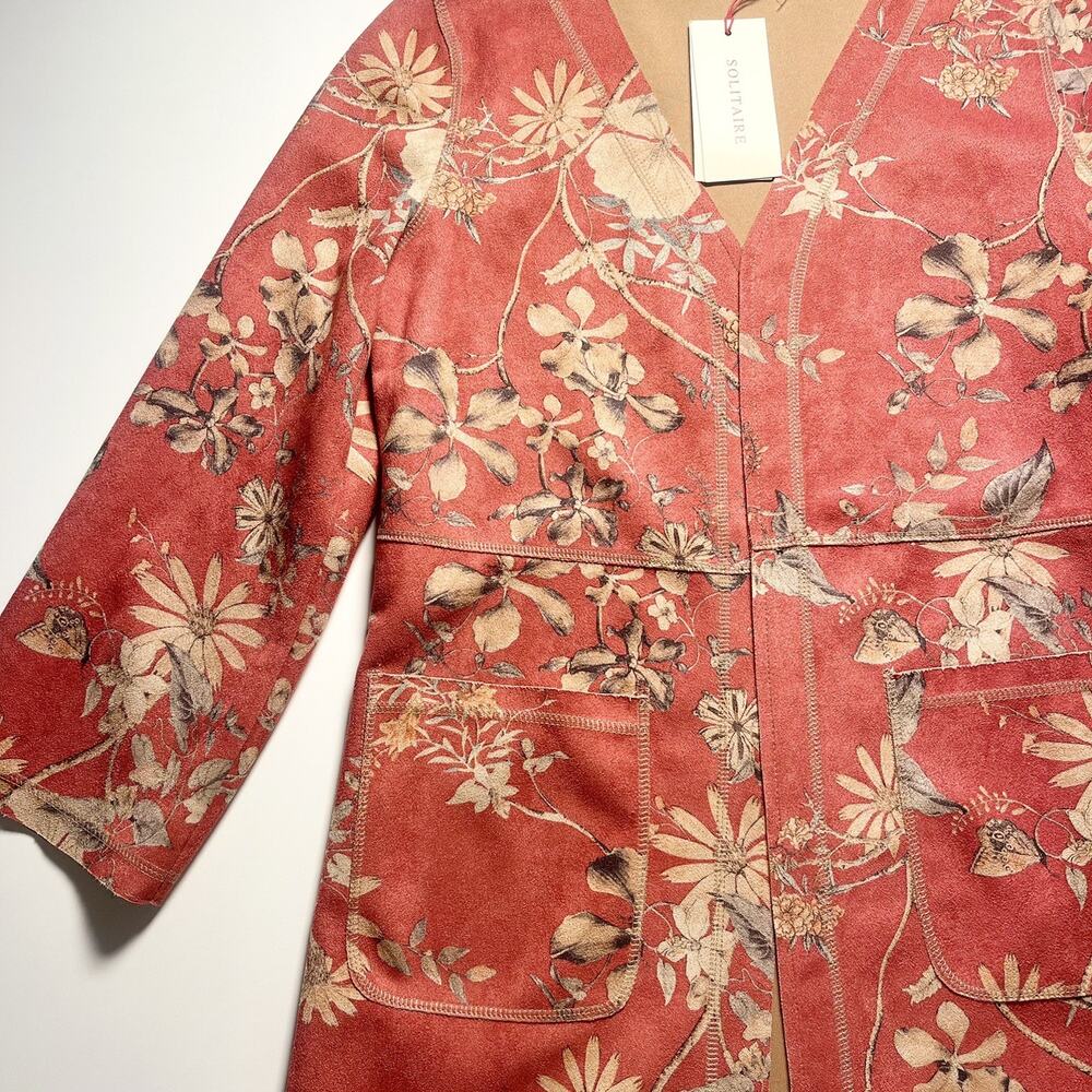 Solitaire Anthropologie Faux Suede Floral Orange Boho Jacket Small New With Tags